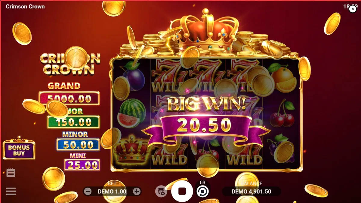 Tampilan visual slot Crimson Crown dengan tema buah dan mahkota emas