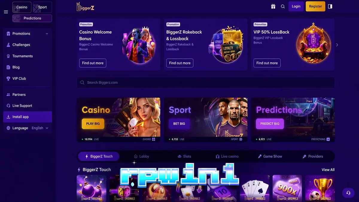 Antarmuka platform BiggerZ yang menampilkan integrasi kasino dan taruhan olahraga